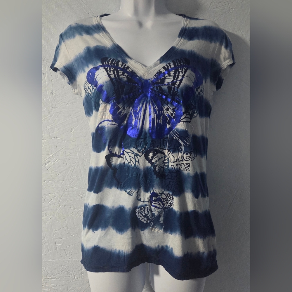 Vintage Y2K Calvin Klein Jeans Tie-Dye V-neck Butterfly Foil Print Tee - S